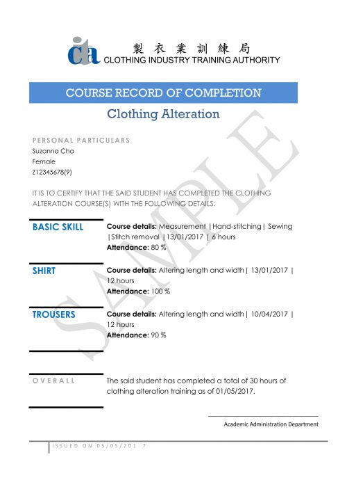 COURSE RECORD OF COMPLETION (Clothing alteration)-1 COURSE RECORD OF COMPLETION (Clothing alteration)-1